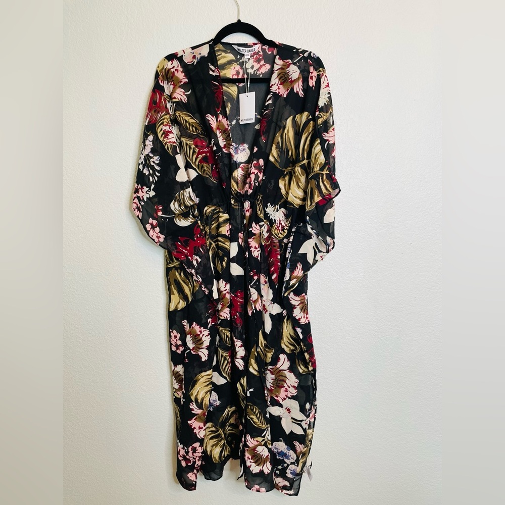 Walter Baker Black Bold Floral Semi Sheer Tulum Caftan in Tropical Print | NWT